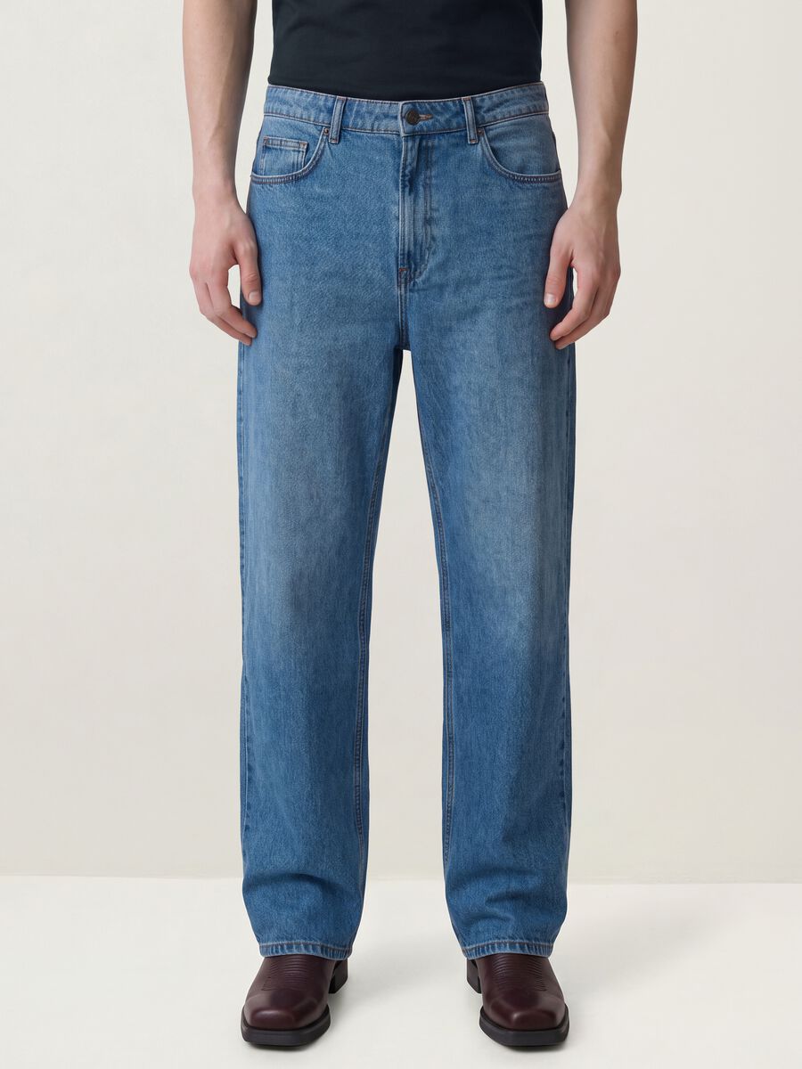 Blue wide-leg pure cotton jeans_3