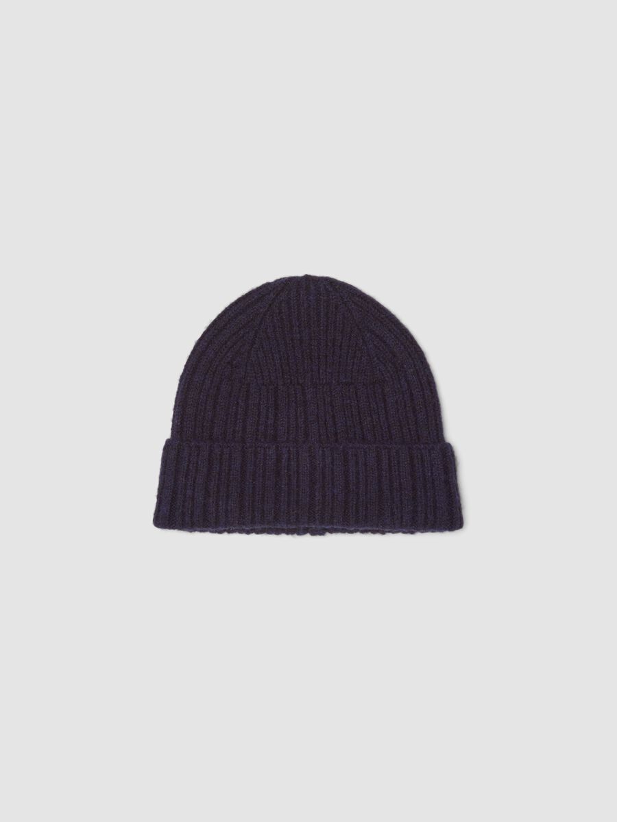 Navy blue ribbed stretch wool beanie_0