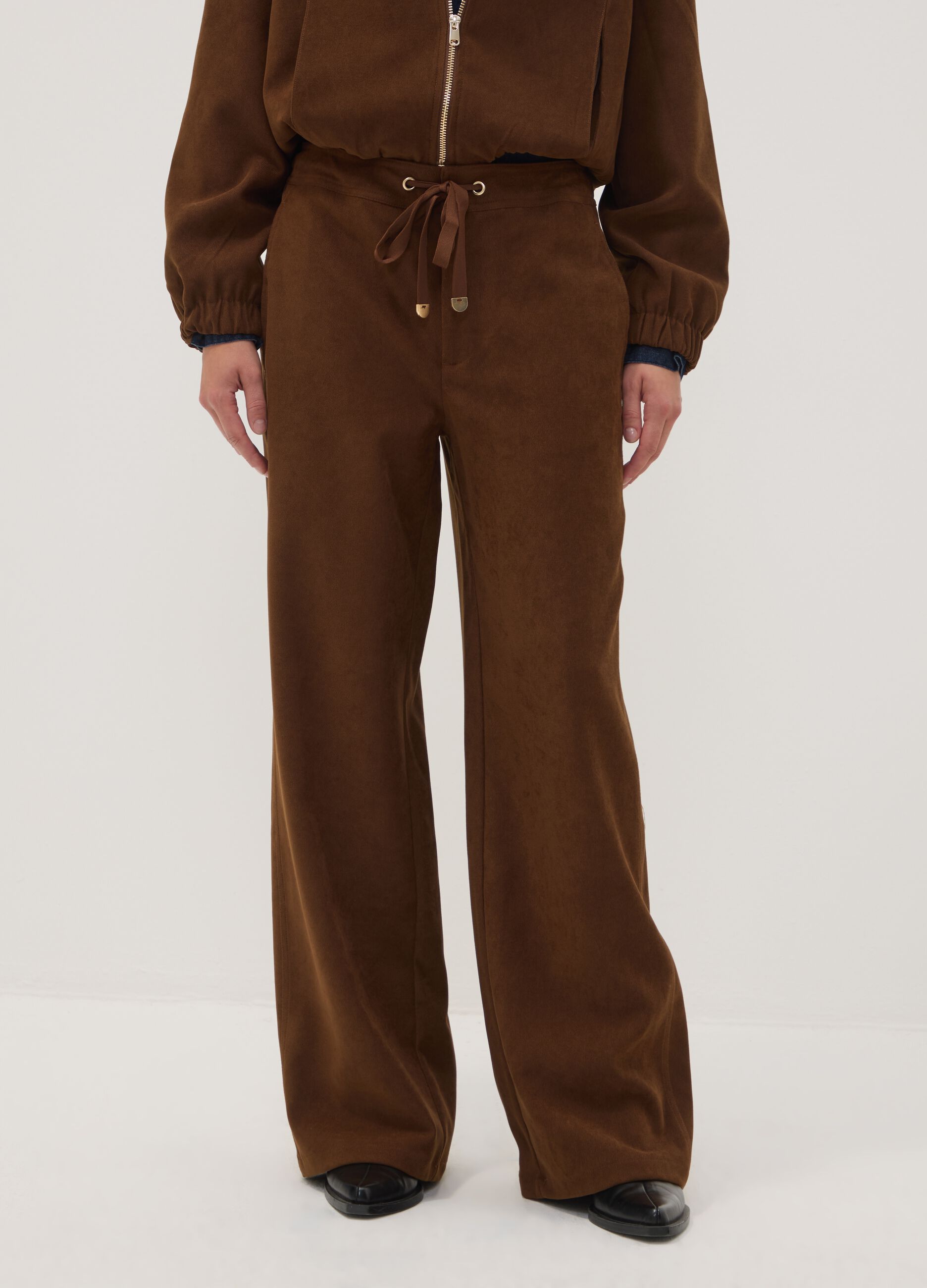Brown stretch-fabric straight-fit trousers