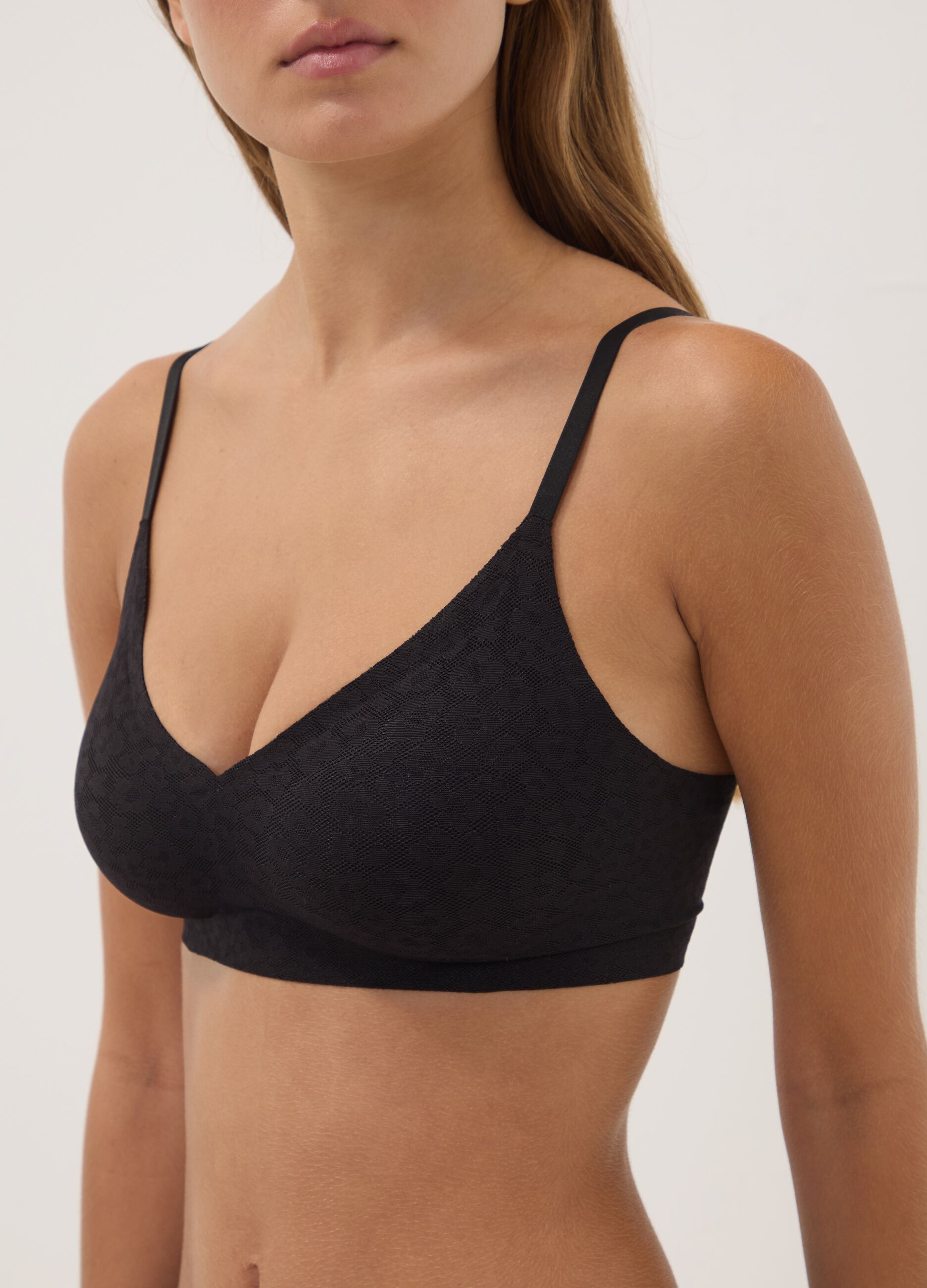 Black stretch-fabric bra with removable cups